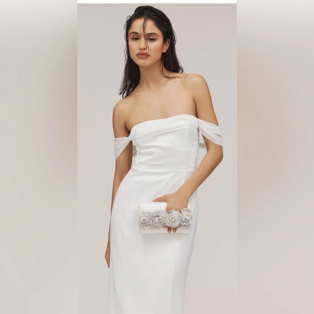 NWT BHLDN Off-The-Shoulder Lace-Up Satin Column Midi Dress - Picture 3 of 8
